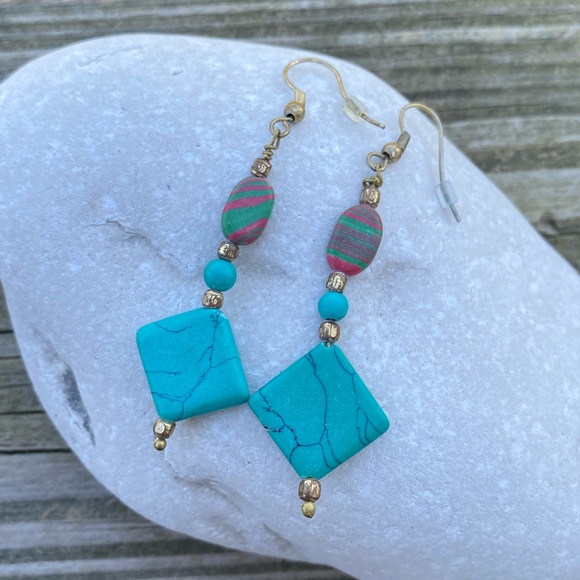 Turquoise beaded drop earrings brass tone genuine stone Canyon Sky - Picture 4 of 6